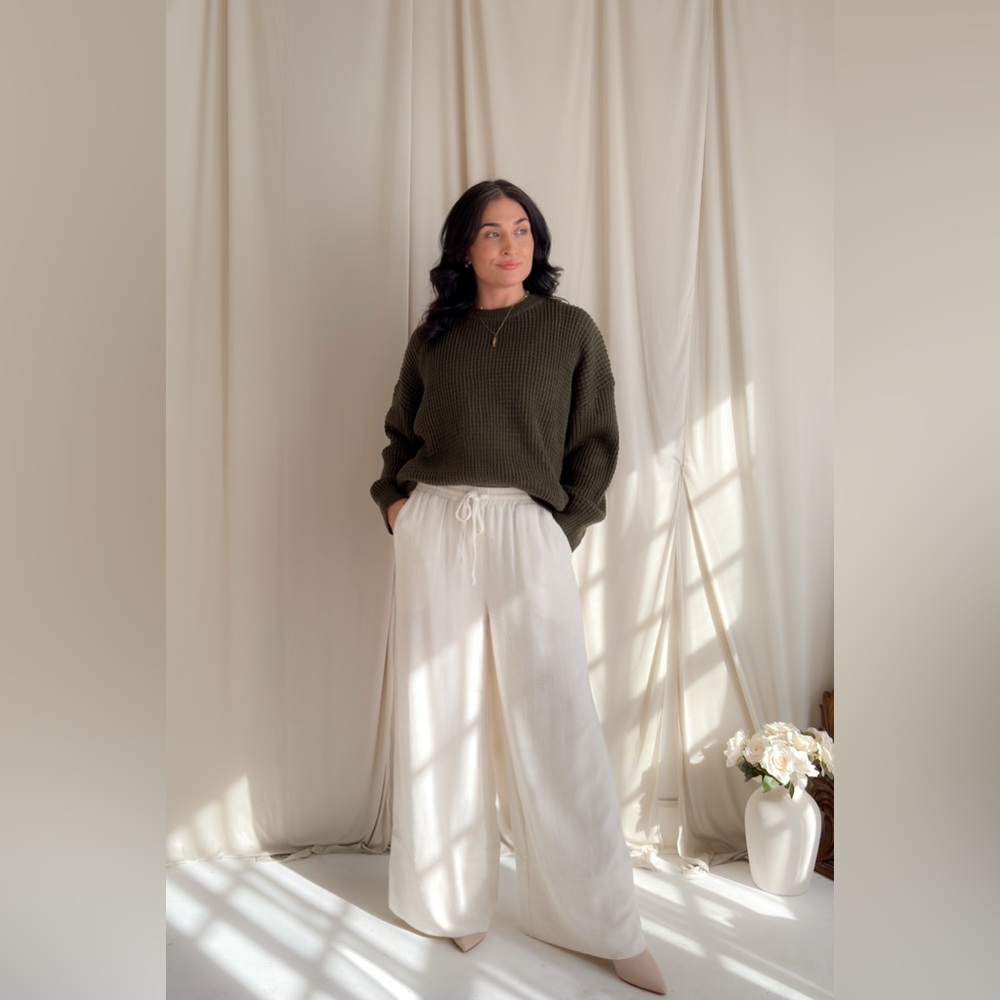 Ivory Linen Blend Wide Leg Drawstring Pants - Picture 5 of 16